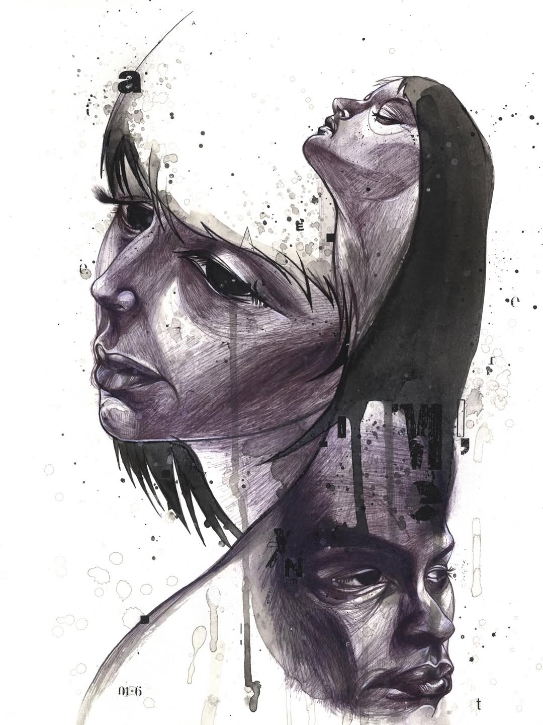 Three monochrome illustrated faces by Ben Tour