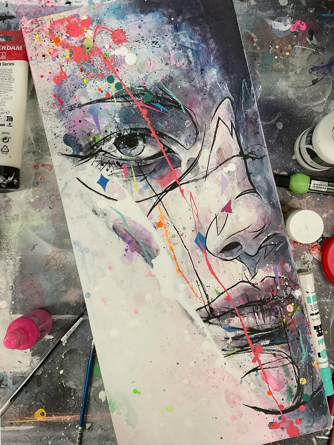 Mixed-media portrait on Ben Tour's worktable