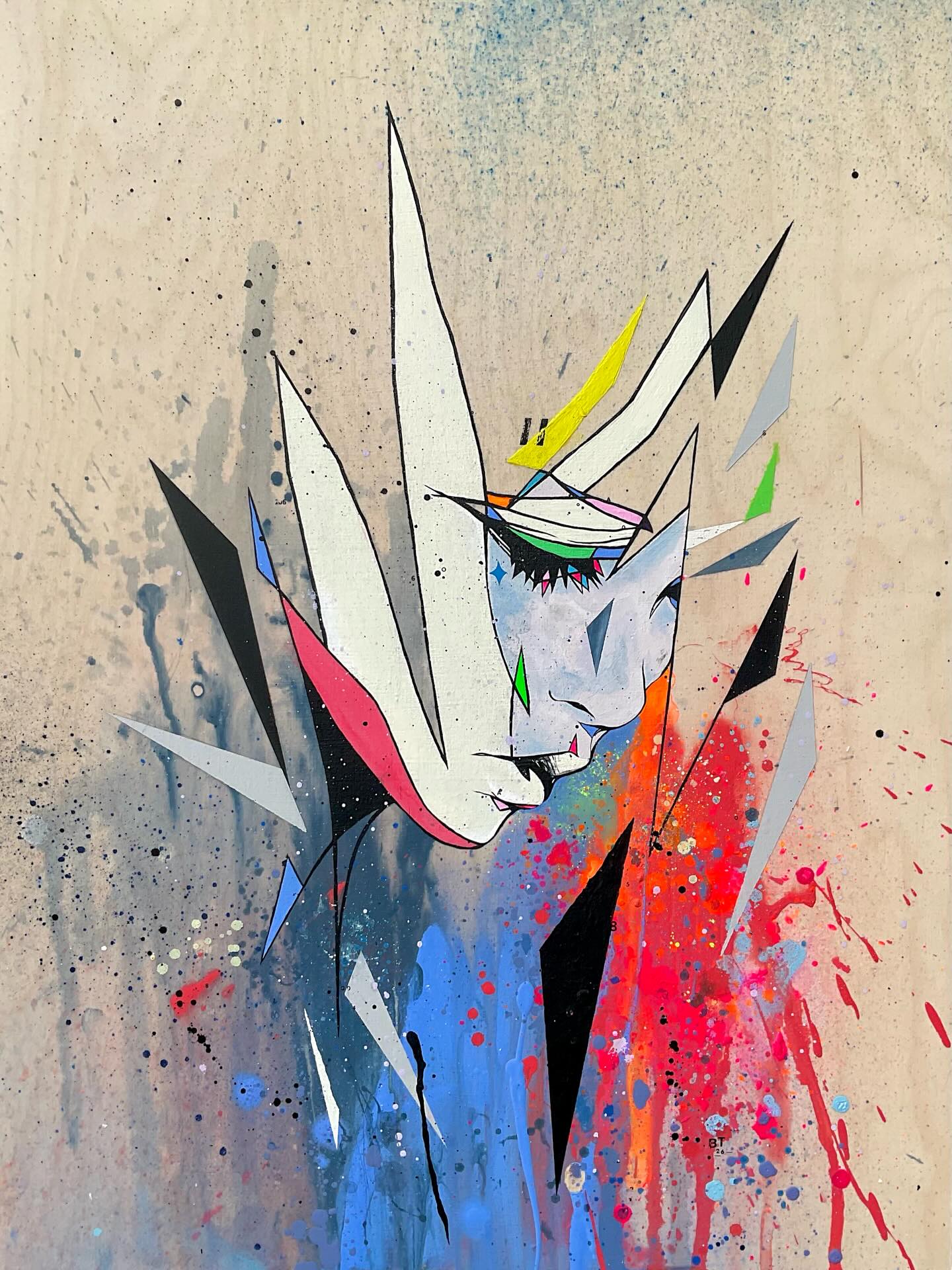 Lucy, a vivid mixed-media portrait on wood by Ben Tour